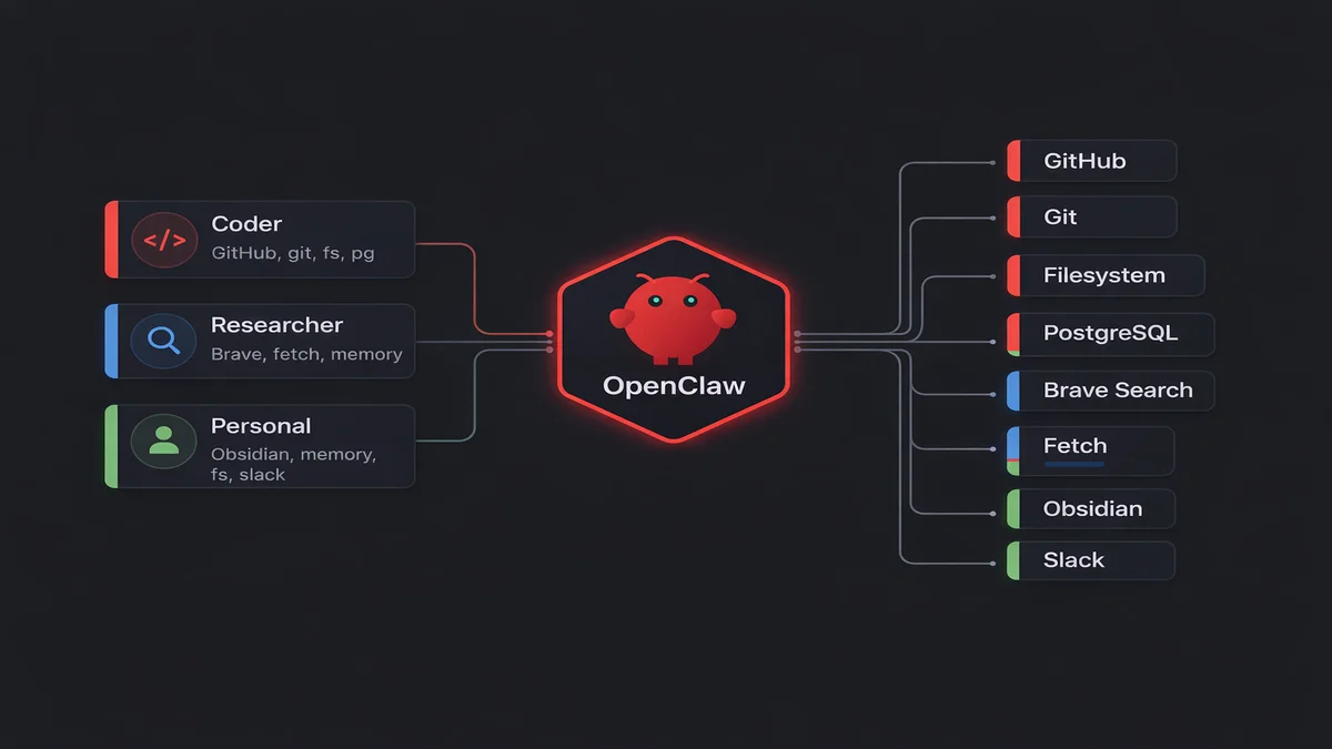 OpenClaw MCP per agent routing diagram showing three agents connected to different server subsets through OpenClaw