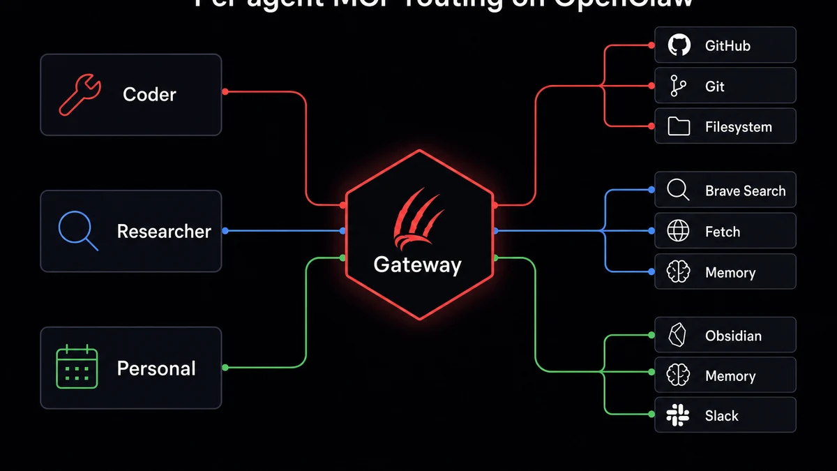 OpenClaw MCP per agent routing diagram showing three agents connected to different server subsets through OpenClaw