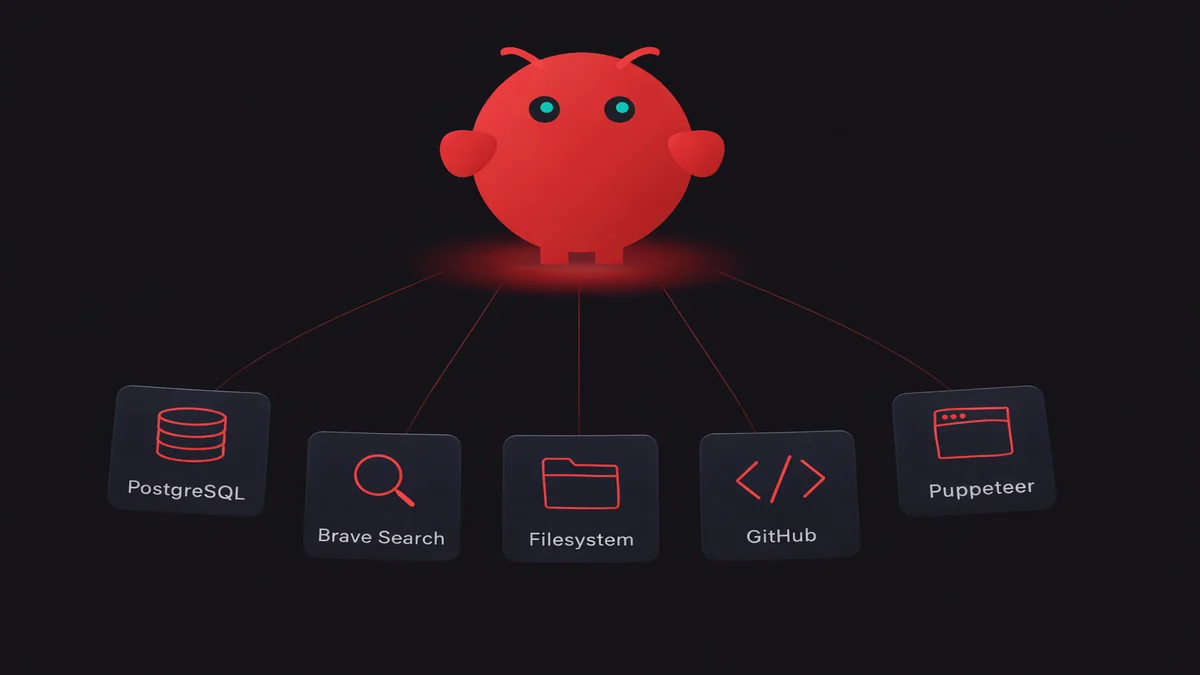 Add MCP servers on OpenClaw — mascot connected to database, search, and filesystem tool icons through the Gateway