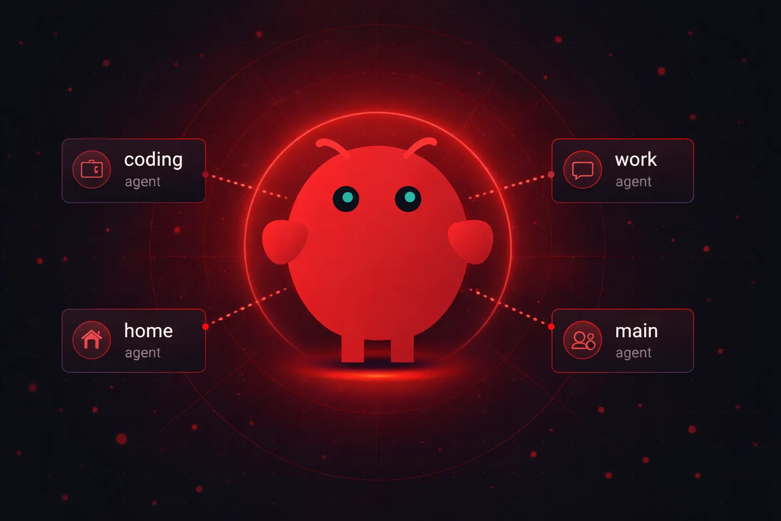 OpenClaw add agent setup showing the mascot managing four specialized agents for coding, personal, social media, and work tasks