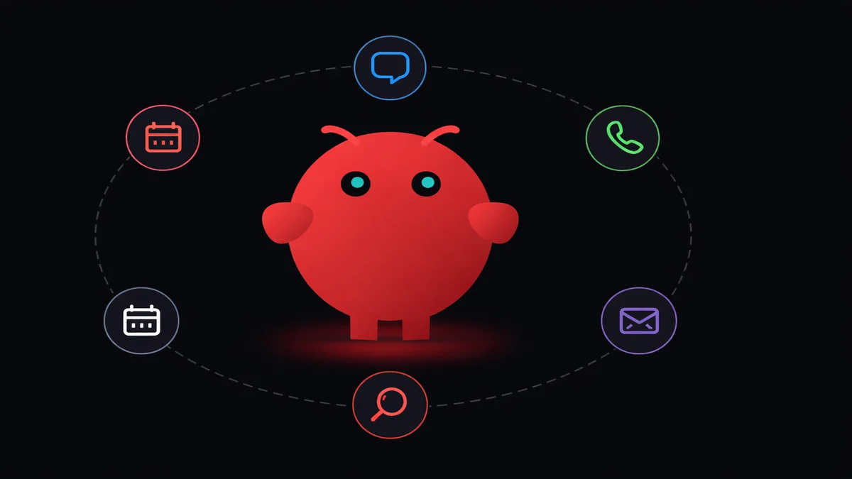 OpenClaw AI assistant mascot surrounded by connected app icons for WhatsApp, Telegram, email, calendar, search, and spreadsheets