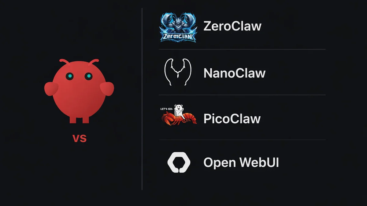 OpenClaw alternatives comparison featuring logos of ZeroClaw, NanoClaw, PicoClaw, and Open WebUI