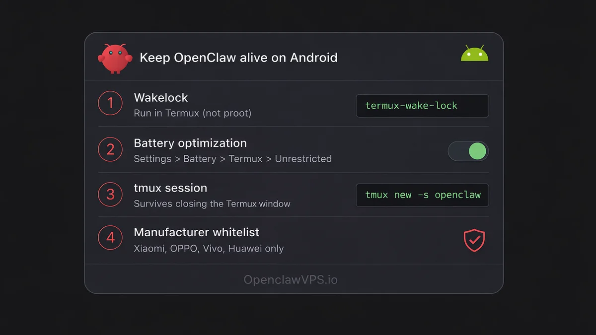 Android battery persistence setup for OpenClaw showing wakelock, battery optimization, tmux, and manufacturer whitelist steps