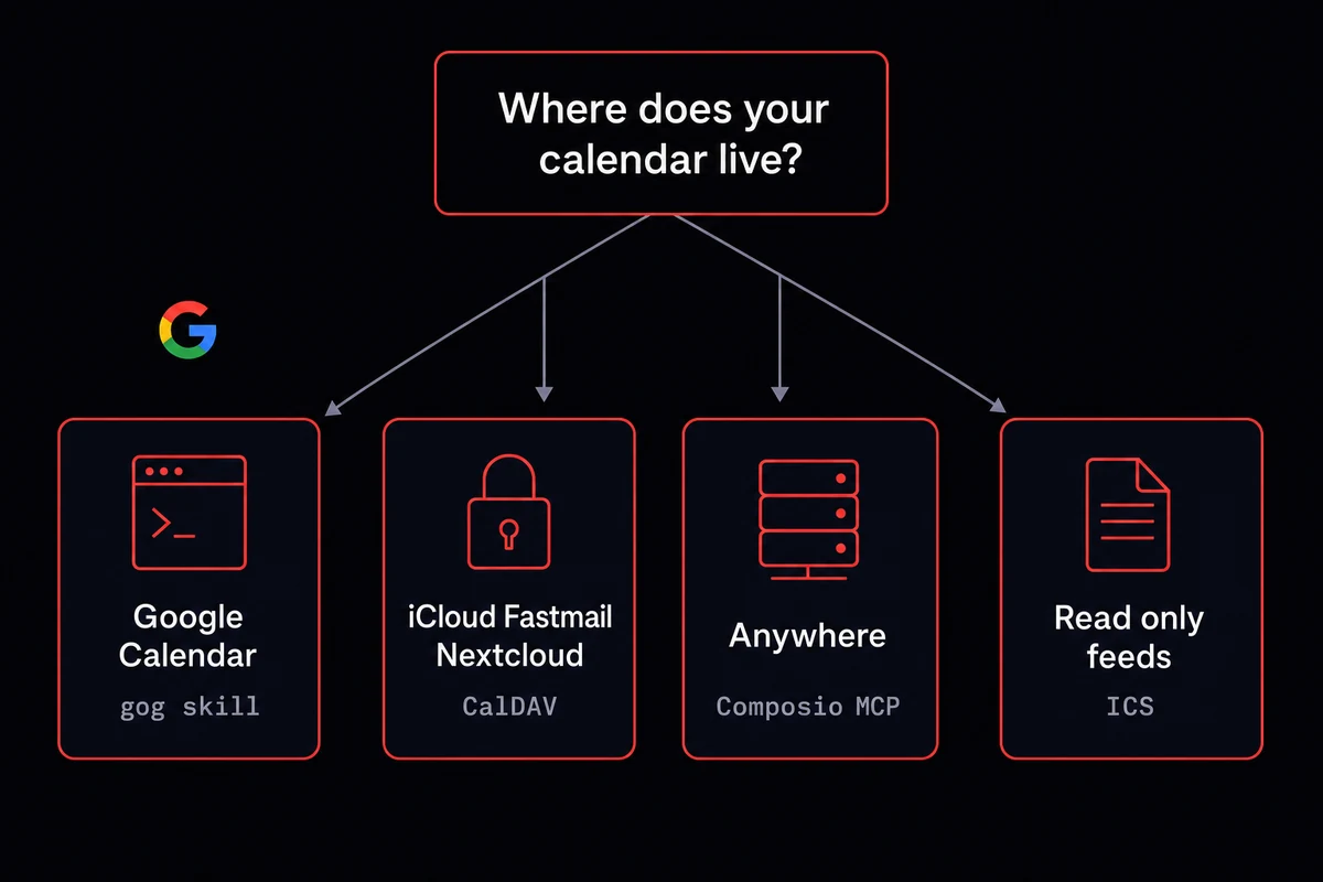 Decision tree comparing four calendar integration paths for OpenClaw with Google CalDAV Composio ICS options