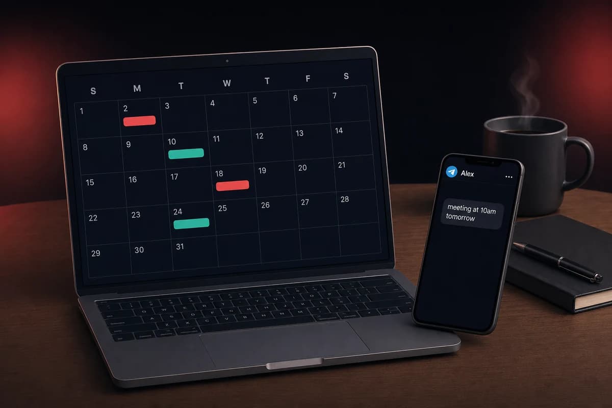 Laptop showing dark mode calendar grid next to phone with Telegram meeting reminder on a desk