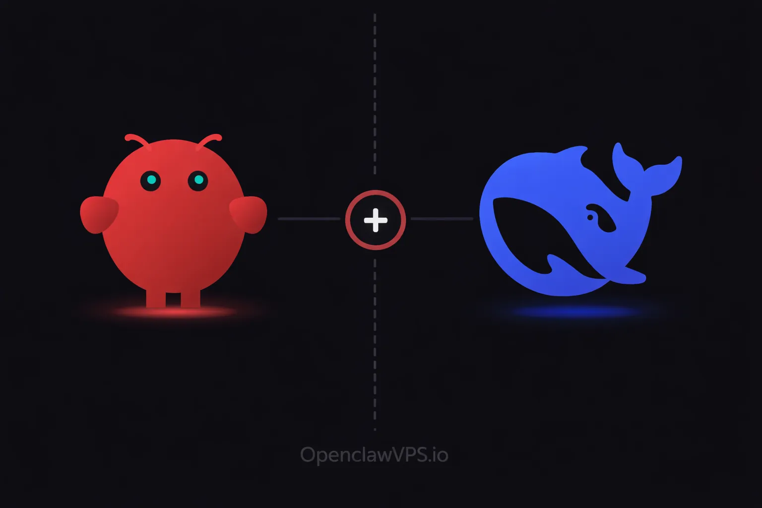 OpenClaw DeepSeek setup showing the OpenClaw mascot connected to the DeepSeek logo on a dark background