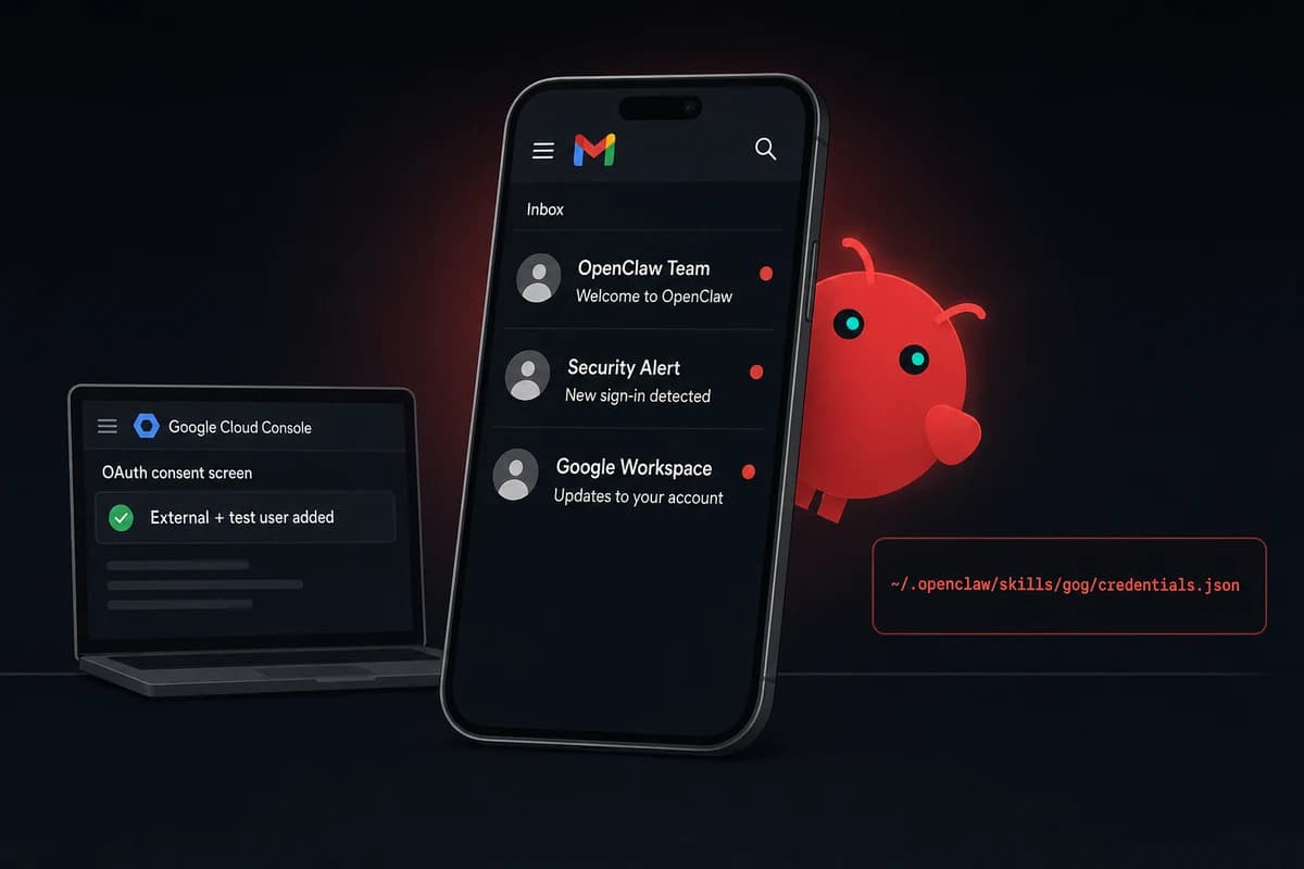 OpenClaw mascot reading a Gmail inbox beside a Cloud Console OAuth consent screen and credentials.json badge