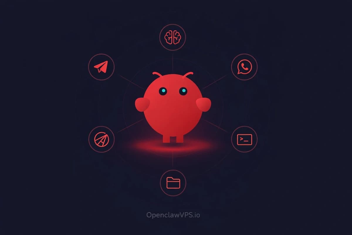 What is OpenClaw — mascot surrounded by WhatsApp, Telegram, terminal, and AI model icons