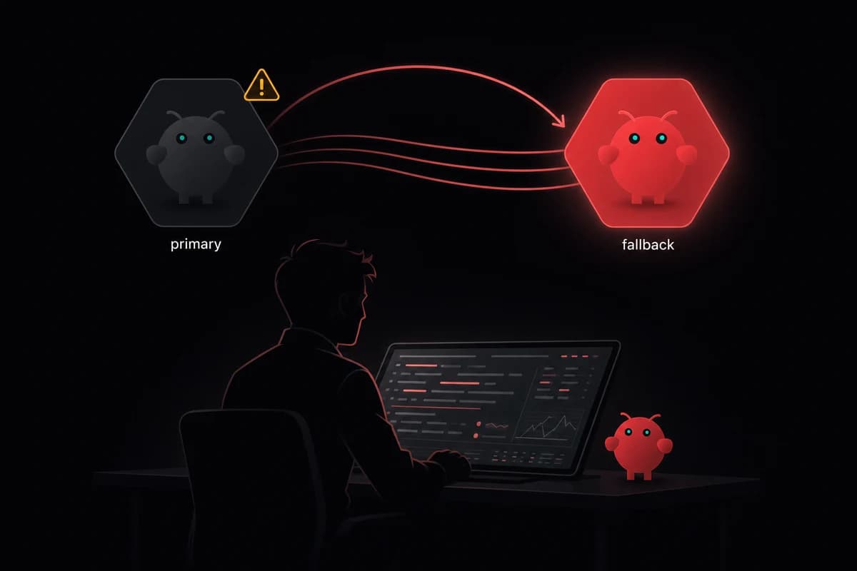 OpenClaw operator watching a primary to fallback model handoff in a dark control room