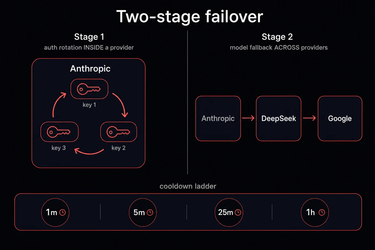 OpenClaw two-stage failover diagram with auth rotation, provider fallback, and cooldown ladder