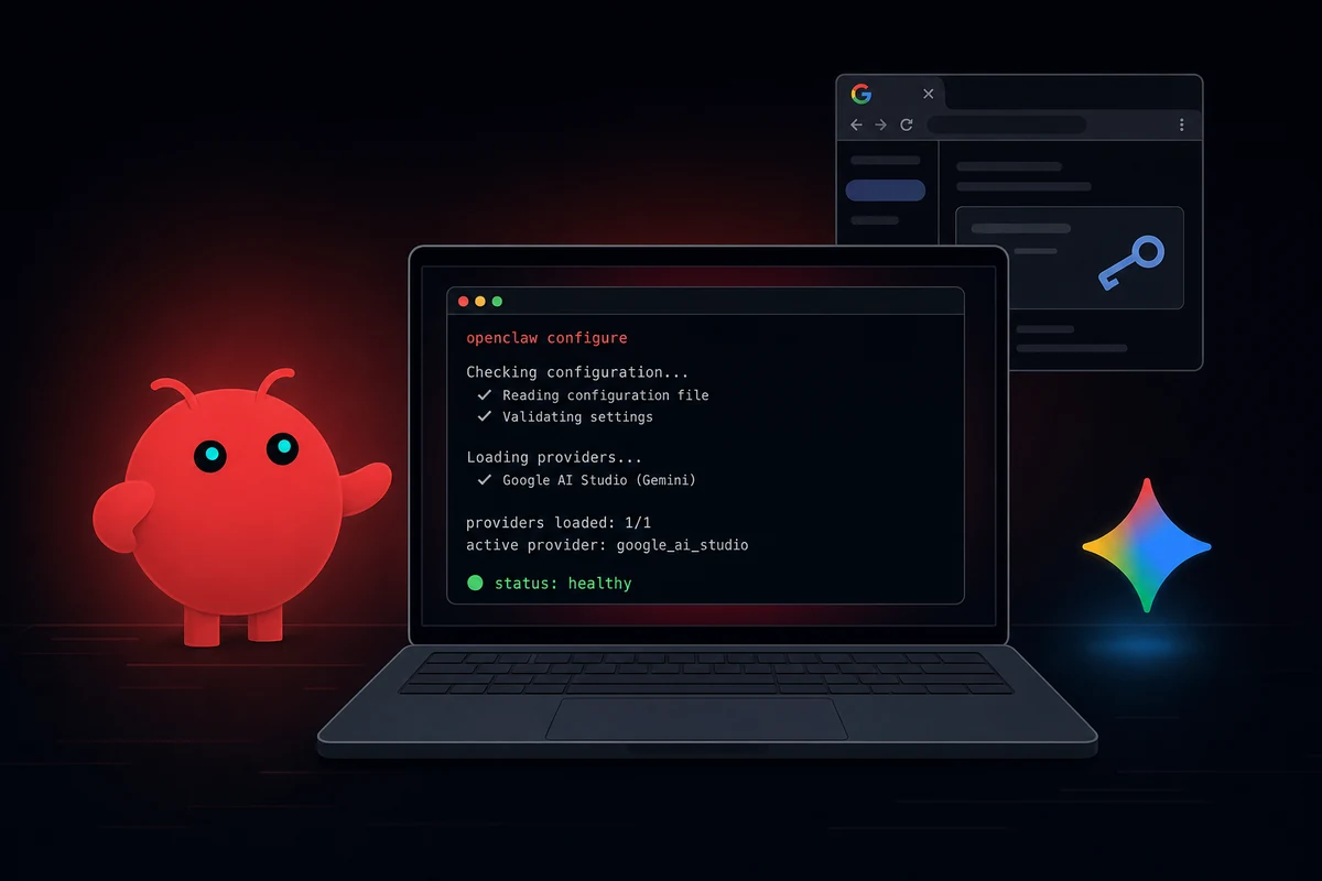 OpenClaw mascot beside a laptop running openclaw configure with Gemini provider loaded healthy