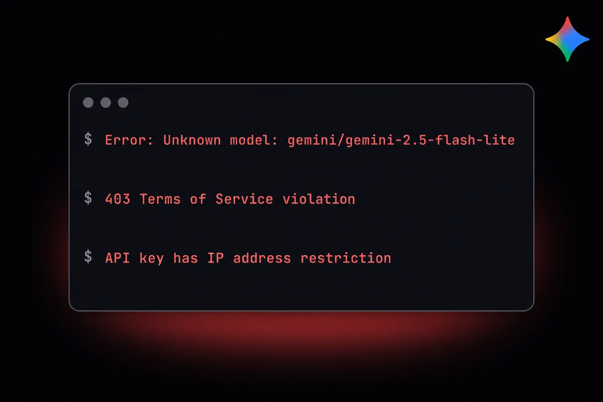 Mock terminal showing three OpenClaw Gemini failure messages: unknown model, 403 TOS, IP restriction