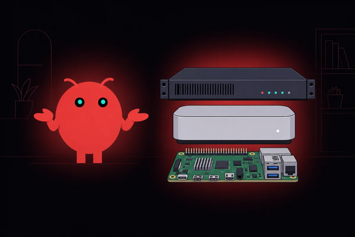 OpenClaw mascot shrugging beside a stacked Raspberry Pi, Mac Mini, and rack VPS