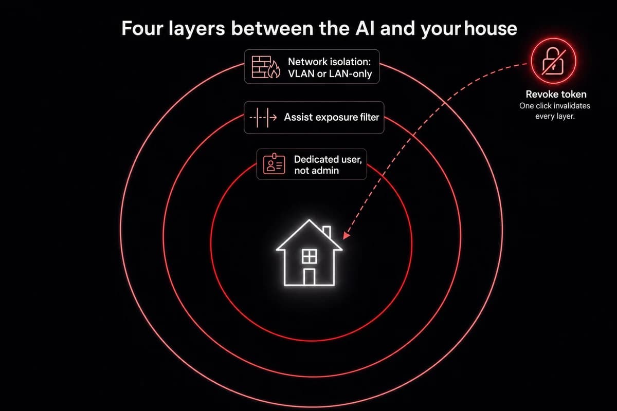 Concentric four-layer defense-in-depth security diagram for the OpenClaw Home Assistant bridge with revoke-token kill switch
