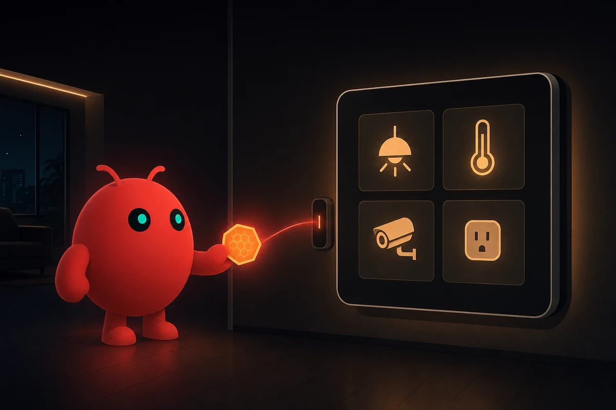 OpenClaw mascot handing a long-lived access token to a Home Assistant smart-home panel