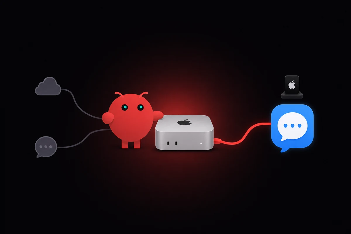 OpenClaw mascot beside a Mac Mini cabled to the iMessage app, alternative paths shown in gray