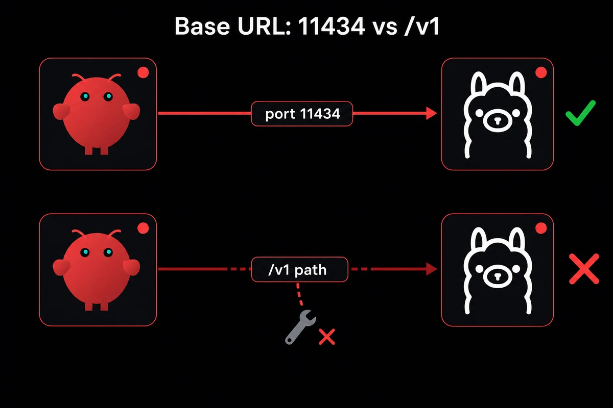 OpenClaw Ollama base URL comparison showing port 11434 working and /v1 path breaking tool calls