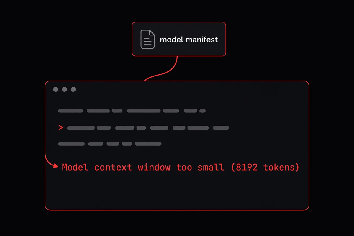 Terminal error reading Model context window too small 8192 tokens with arrow pointing to model manifest