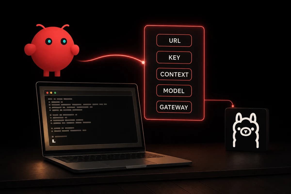 OpenClaw mascot and Ollama logo flanking a glowing panel of URL KEY CONTEXT MODEL GATEWAY labels