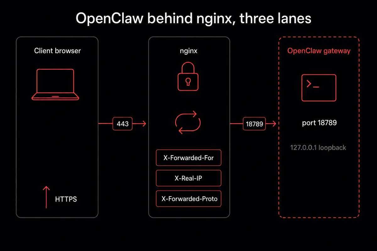 OpenClaw nginx reverse proxy architecture with TLS termination WebSocket upgrade and loopback gateway lane