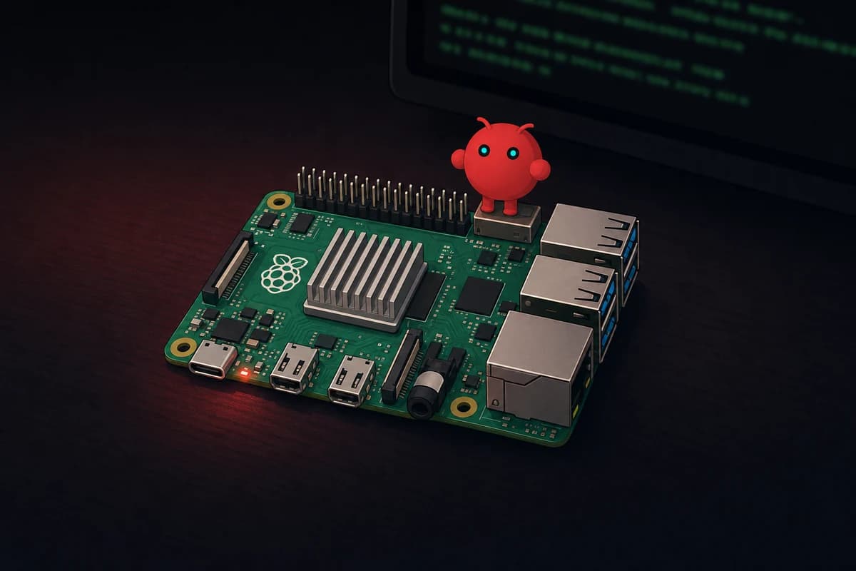 OpenClaw mascot perched on a Raspberry Pi 5 board with a terminal in background