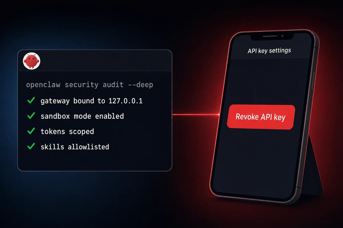 OpenClaw security audit checklist on console with kill-switch revoke API key button on phone