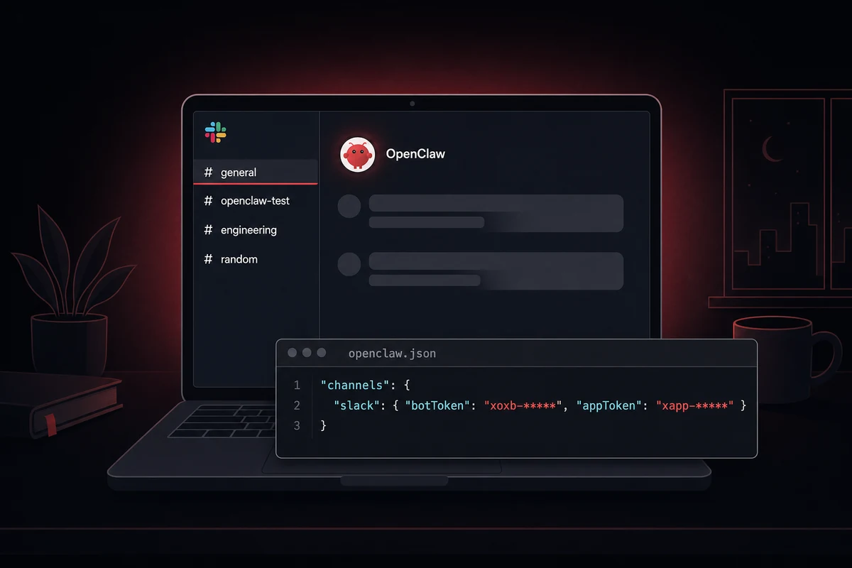Slack channel sidebar with the OpenClaw bot avatar and openclaw.json showing both tokens