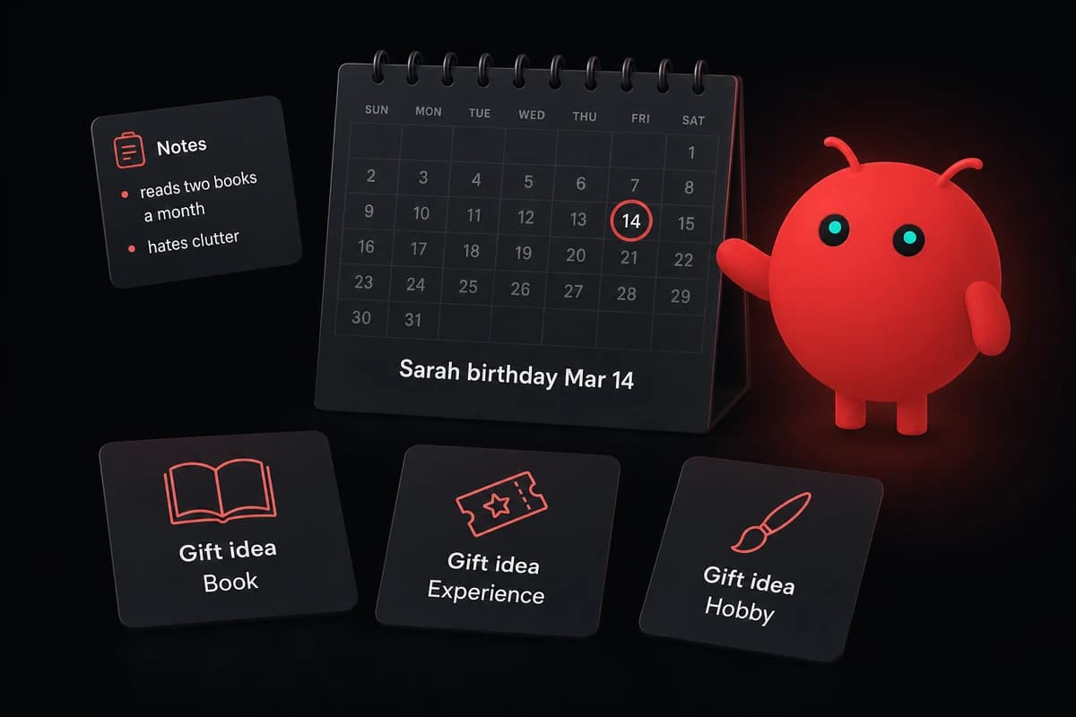 Birthday reminder calendar with three gift suggestions tied to recipient notes