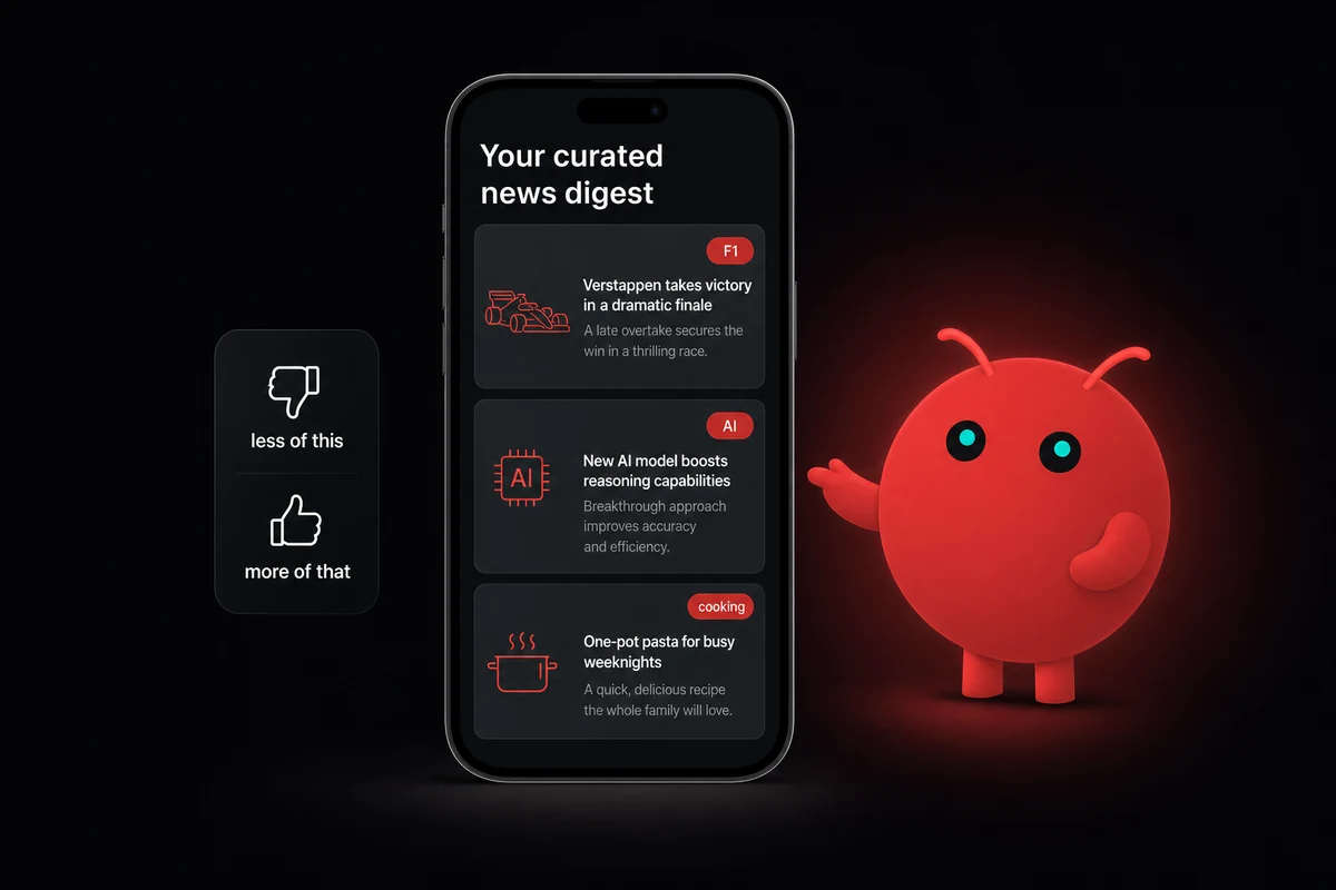 Curated news digest on a phone with topic pills F1, AI, cooking
