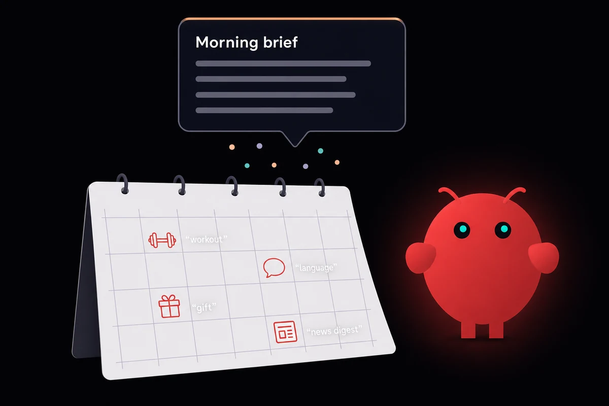 Calendar with workout, language, gift, news digest icons flowing into a morning brief bubble