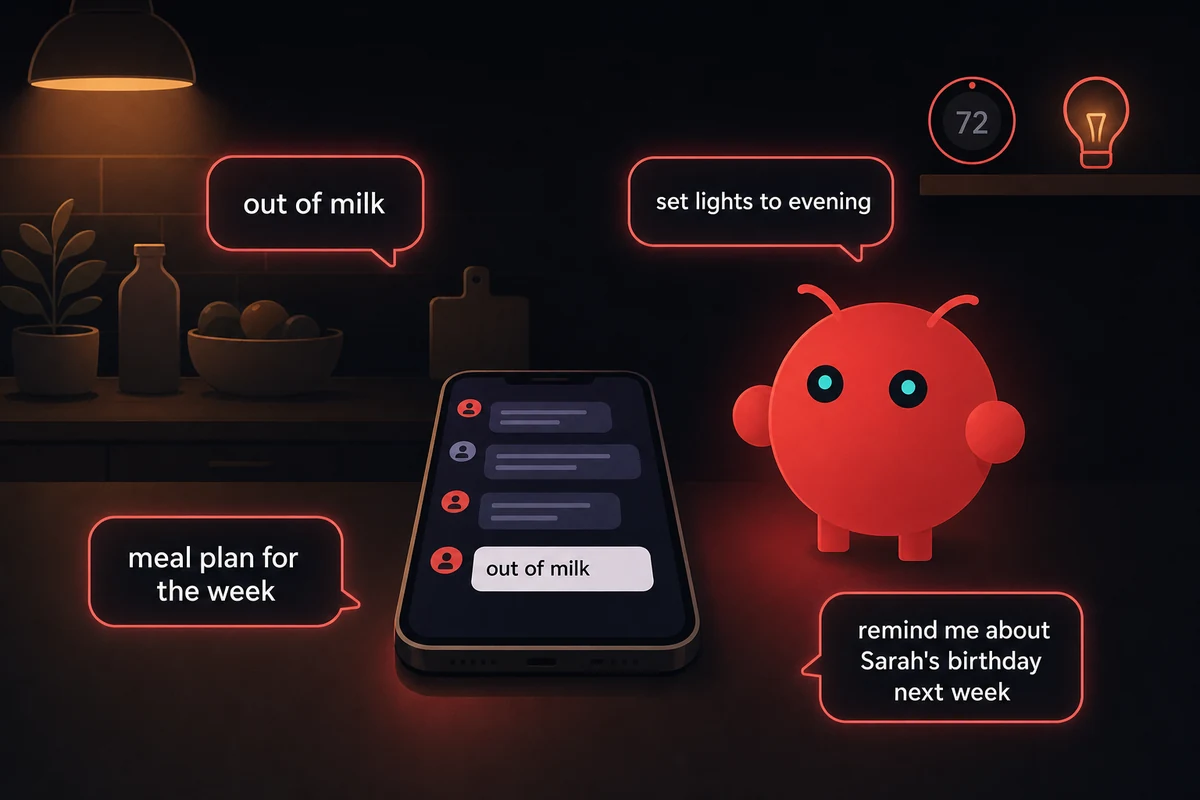 OpenClaw mascot beside a kitchen phone with chat bubbles for shopping, lights, and reminders