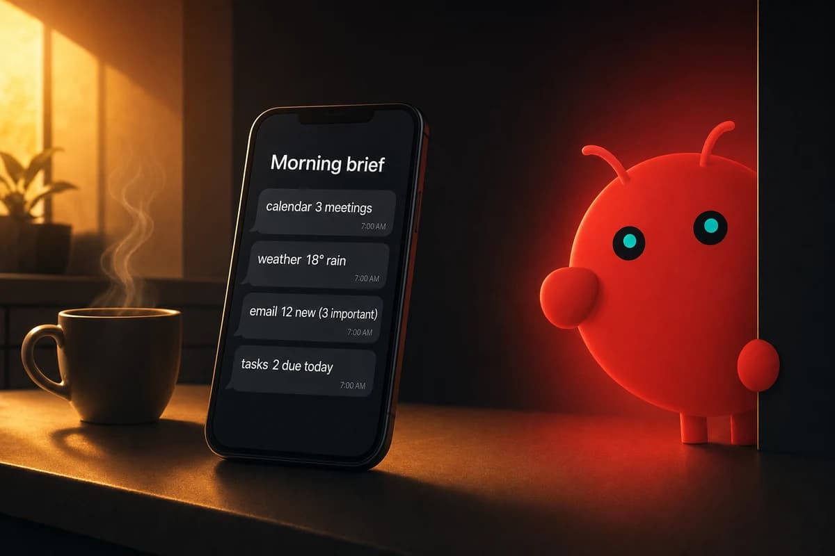 OpenClaw delivering a 7am morning brief on a kitchen counter phone