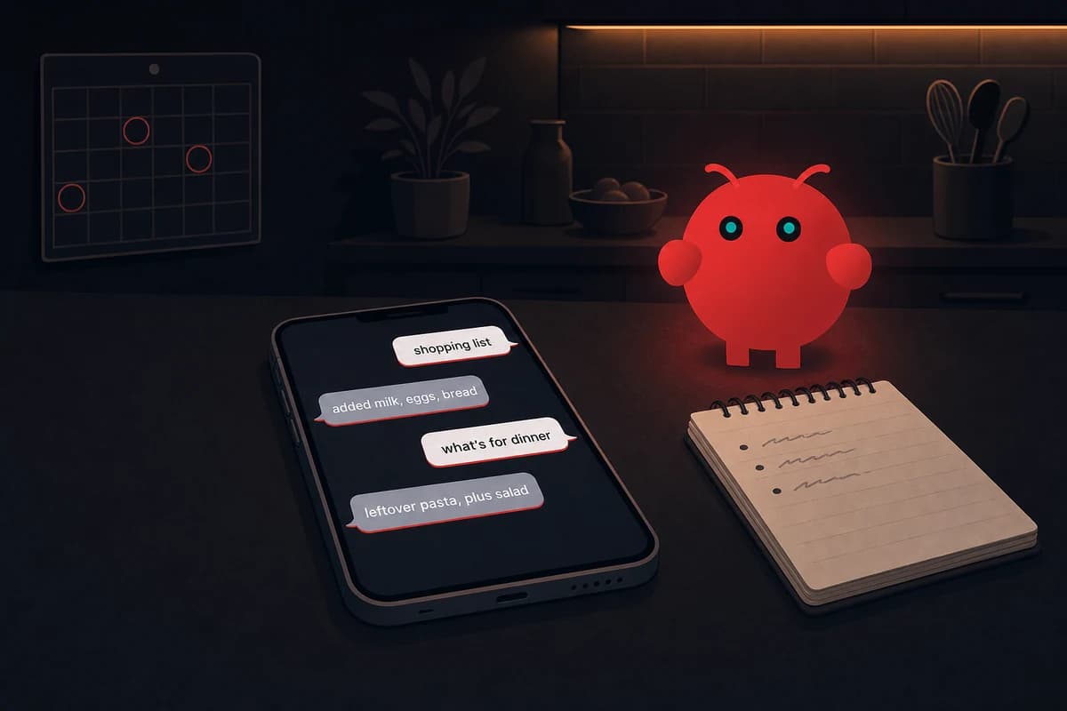 OpenClaw mascot on a kitchen counter beside a phone showing the household chat thread