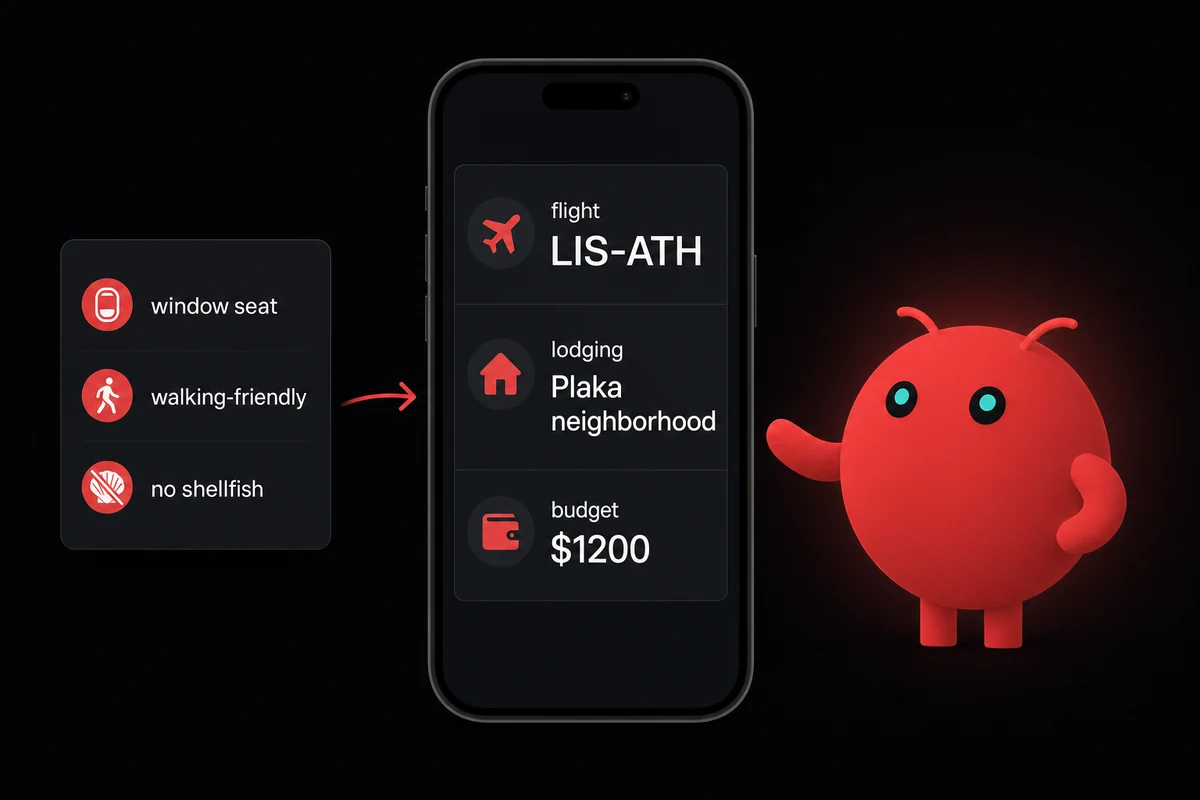 Travel itinerary with stored preferences for flight, lodging, and budget