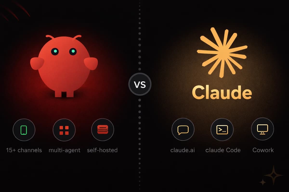 OpenClaw vs Claude comparison showing the OpenClaw mascot connected to the Claude AI logo on a dark background
