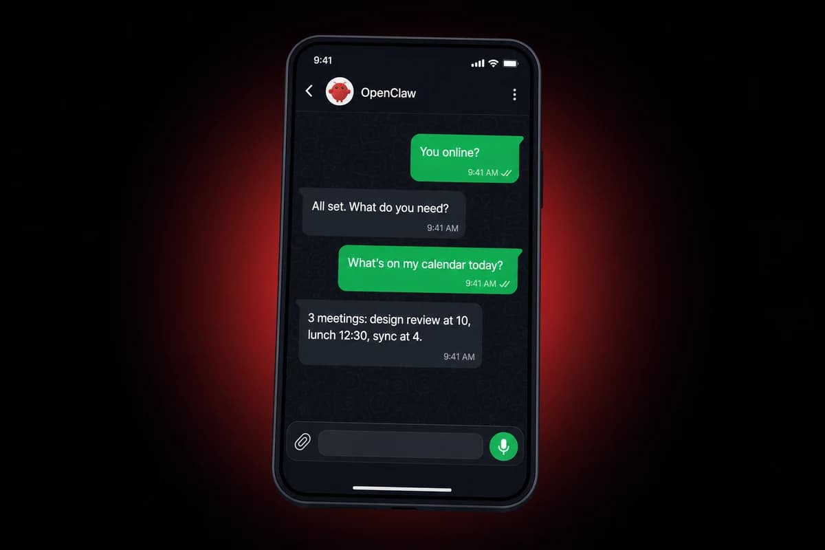 OpenClaw and WhatsApp logos above a mascot scanning a phone QR code on dark