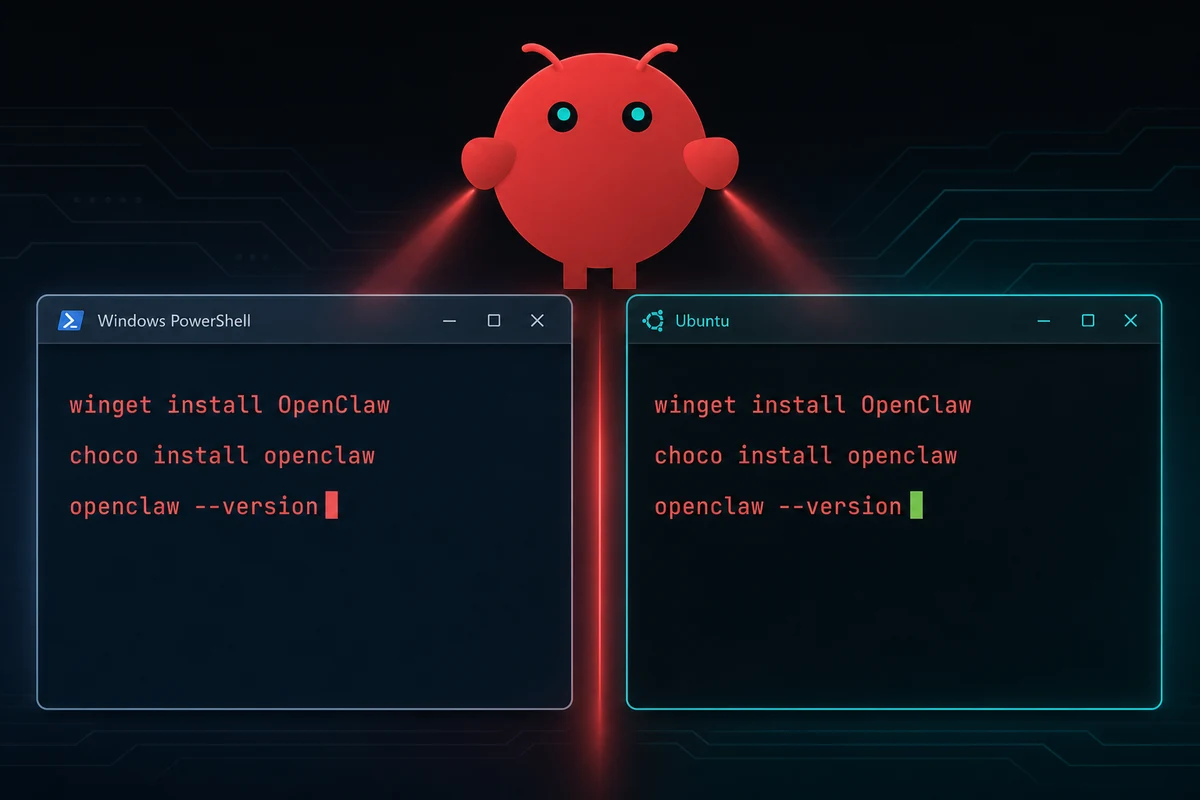 OpenClaw mascot above a split screen of PowerShell and Ubuntu terminals on Windows