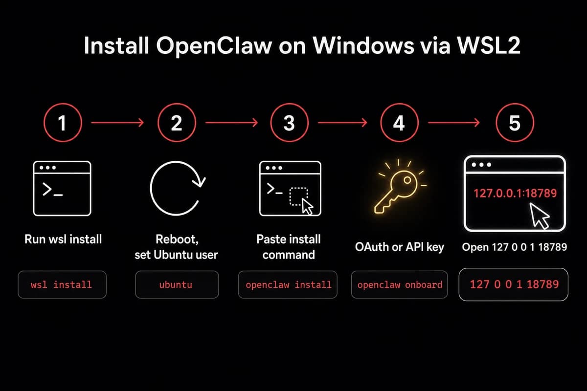 Five step WSL2 install flow for OpenClaw on Windows ending at gateway URL