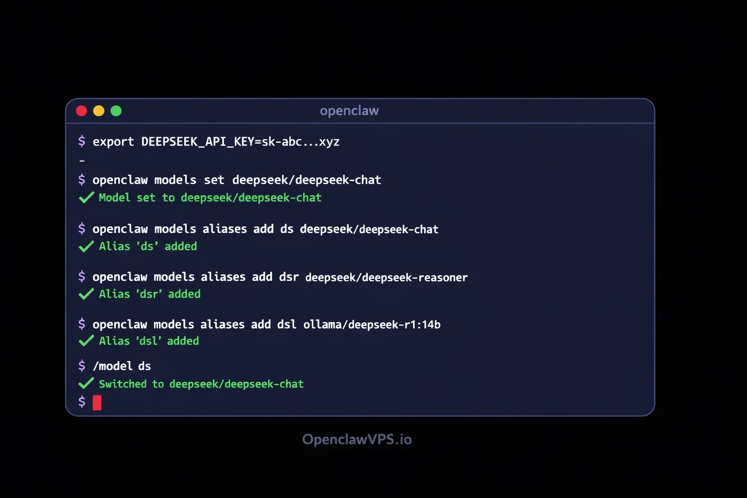 OpenClaw DeepSeek terminal showing model aliases and per-agent configuration commands