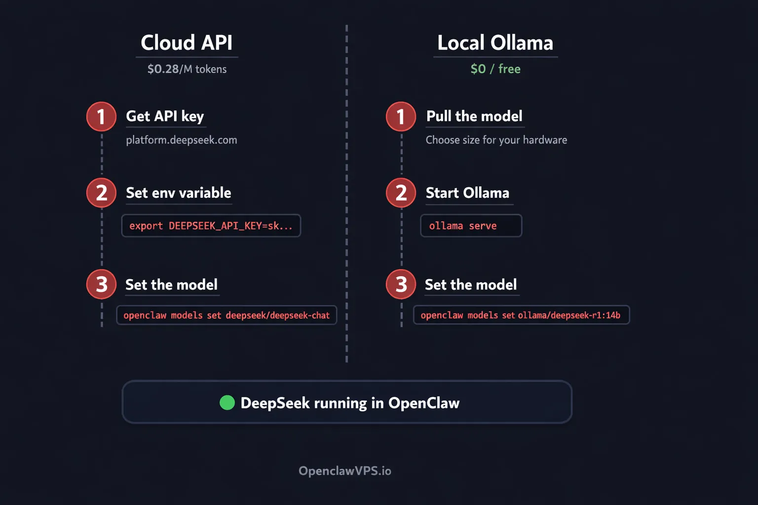 OpenClaw DeepSeek setup diagram showing two paths: cloud API on the left and local Ollama on the right