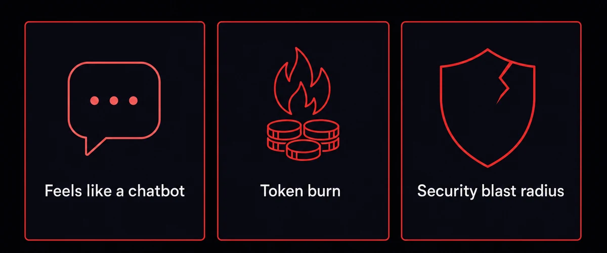 Three OpenClaw failure modes panels: feels like a chatbot, token burn, security blast radius