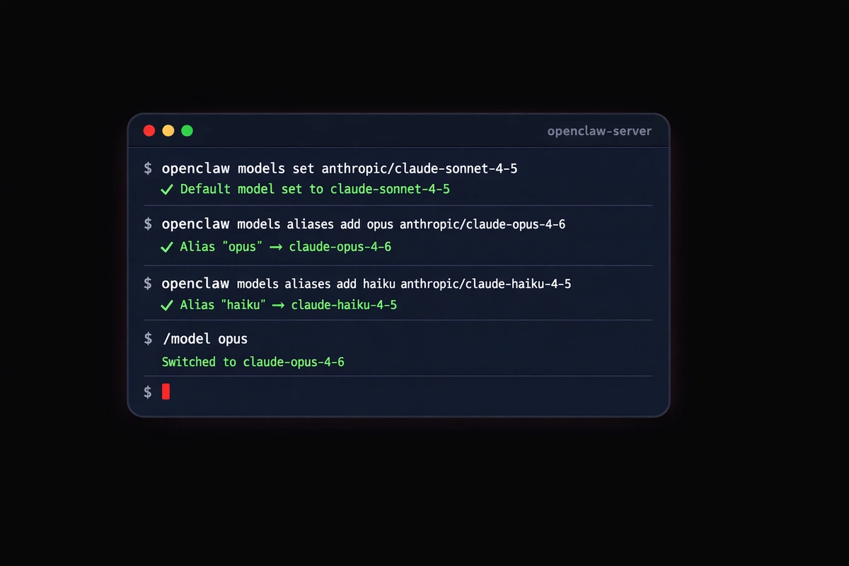 Terminal window showing OpenClaw commands to set Claude as the default model and add aliases for Opus, Sonnet, and Haiku